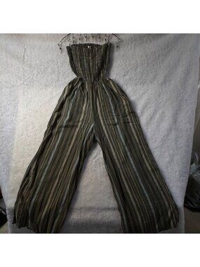 NWT Aerie medium green Strapless Smocked Wide Leg Jumpsuit linen blend Striped